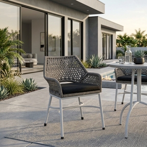 Grey Woven Outdoor <b>Armchair</b> White Aluminium Frame Synthetic Ropes Cushion <b>Dining</b> Chair Patio Setup Art Design Decor - Product Image 5