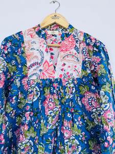 Boho indien 100% coton Maxi robes pour femmes 3/4 manches imprimé fleuri plage soirée porter naturel tour de taille bouton - Product Image 4