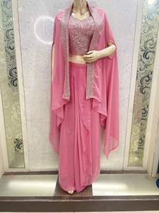 Indian Dhoti Wedding dress with <b>cape</b> shrug Indian <b>Women</b> Festive Party Wear Georgette Dhoti Cordset with beautiful Embroidery - Product Image 3