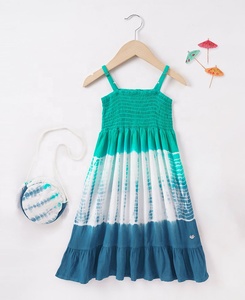Robe d'été décontractée pour filles, mignonne, tie-dye, à bretelles spaghetti, longueur genou, coupe trapèze, en coton et mousseline, avec volants, respirante, blanche - Product Image 2