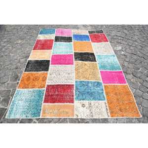 Tapis vintage, grand tapis turc de 5,6x7,7 pieds, tapis patchwork rayé rouge et orange - Product Image 1