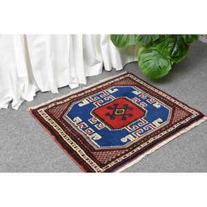 Alfombra Turca Vintage Pequeña de 1.7x2.1 pies, Alfombra de Lana Azul Sólida - Product Image 3