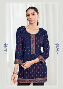 Kurti court multi-imprimé en tissu Bombay de rayonne lourde pour le style formel de coton de filles de bureau et d'université - Product Image 5