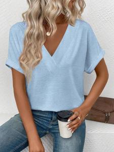 Venta al por mayor mujeres verano Tops moda cuello en V manga corta camisas Casual Dolman manga trajes ropa - Product Image 2