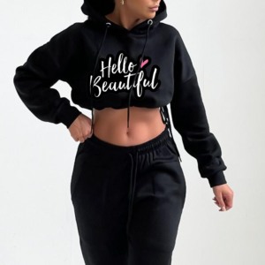 Crop Top Hoodie <b>Short</b> <b>Jogger</b> Set Women Clothing Custom 100% Cotton Ladies Women Blank Cropped Hoodie Trouser Set - Product Image 2