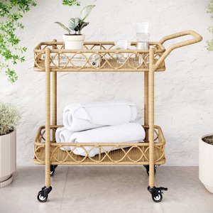 Hotel Drink Cart With <b>Wheels</b> Restaurant Food Serving Trolley Rattan bar Carts <b>for</b> Drinkware Coffee Cocktail Service - Product Image 3