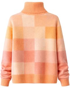 Suéter de Punto a Cuadros con Cuello Alto para Mujer, Personalizado, Premium, Suave, Cálido, Informal, para Invierno, Color Durazno Naranja - Product Image 2