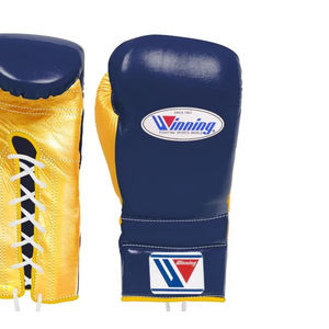 Gants de boxe haut de gamme à lacets en cuir véritable, paume jaune, corps bleu marine, logo personnalisé, pour entraînement professionnel, vente en gros - Product Image 4