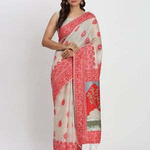 สารีผ้าฝ้ายผ้าลินินเนื้อนุ่มพิมพ์ลายดอกไม้และพิมพ์ลาย Pallu มาพร้อมกับเสื้อพิมพ์ลายที่มีขอบที่เข้ากัน - Product Image 5