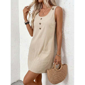 Vestido Corto con Tirantes y Cuello Redondo para Mujer, con Cierre de Botones Delanteros y Detalle de Bolsillo, 36817 - Beige - Product Image 2