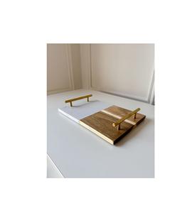 Plateau de service en marbre et bois fait à la main pour une présentation élégante de la cuisine, servant des collations, des desserts et des boissons - Product Image 1