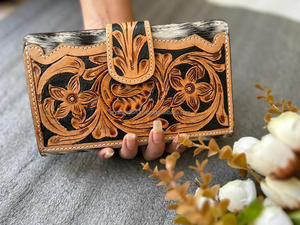 Pochette en cuir de vachette usiné à la main portefeuille à découper sac à main multi-usages portefeuille en cuir véritable porte-cartes à deux volets - Product Image 4