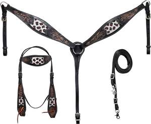 Western Premium Leather Equestrian Trail Tack Mano con cuentas Tooled Headstall, Breastplate,Reins Horse Riding Tack Set - Product Image 1
