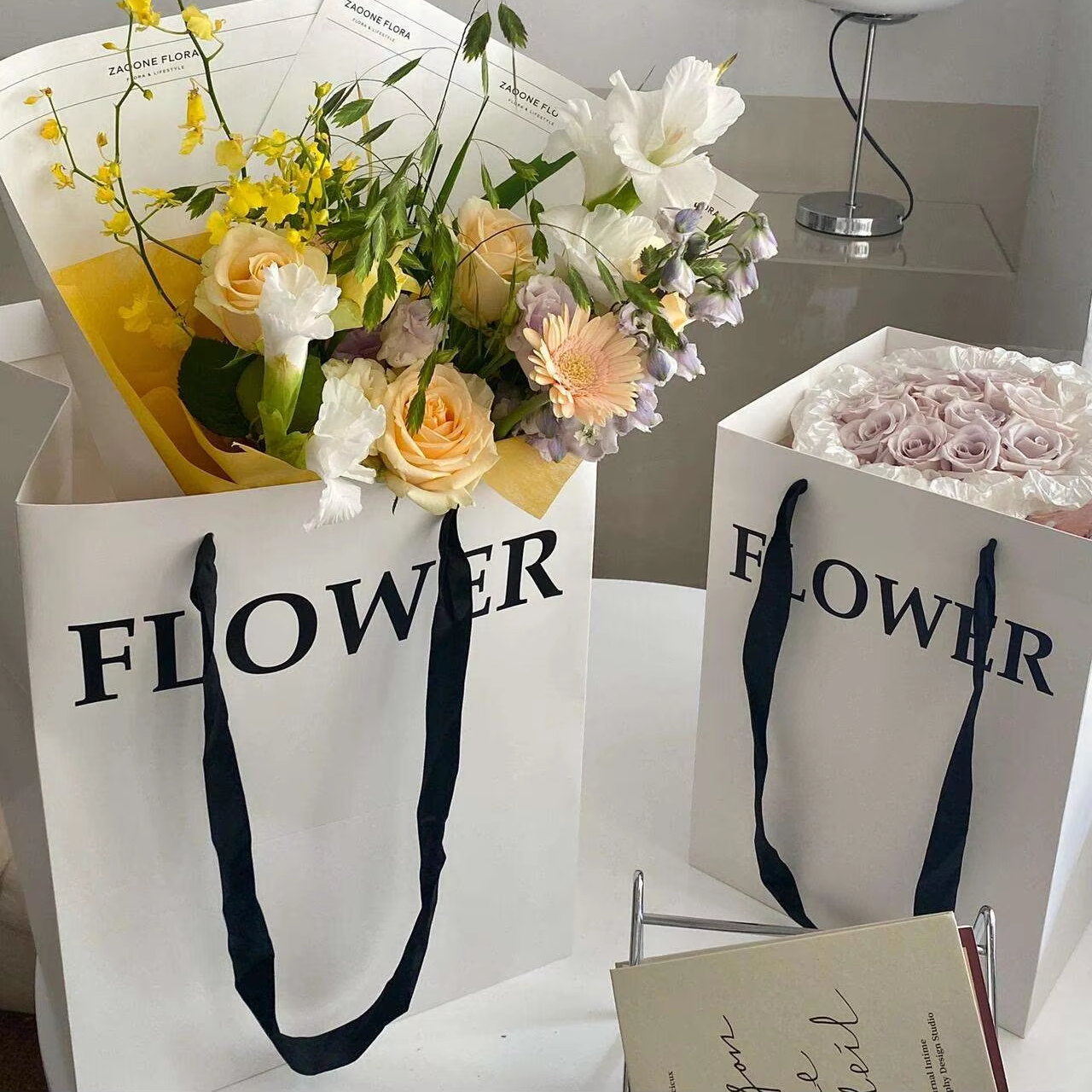 Premium White Square Flower Bouquet Paper Gift Bags | Custom Logo Printing Florist Packaging