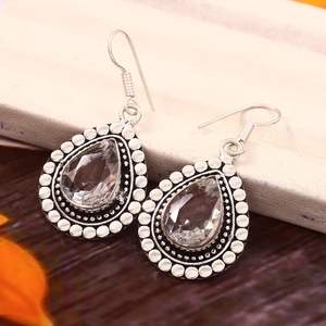 Boucles d'oreilles pendantes en argent sterling 925 avec quartz clair, bijoux faits à la main pour femmes, boucles d'oreilles statement, fournisseur en gros - Product Image 6