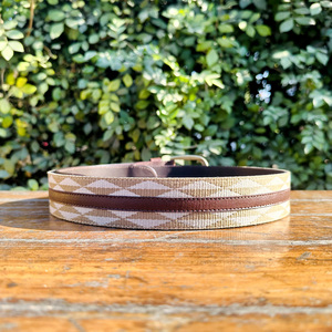 เข็มขัดลำลองของผู้ชายแบบวินเทจสายรัดผ้าทอลายทางทำจากโพลีเอสเตอร์พร้อมแถบหนังเย็บและหัวเข็มขัดทองเหลือง - Product Image 4