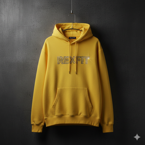 Sudadera con capucha y cremallera RexFit amarilla mostaza con logo de diamantes de imitación, ropa urbana unisex, ropa de invierno, sudadera informal de algodón y forro polar con cremallera. - Product Image 3