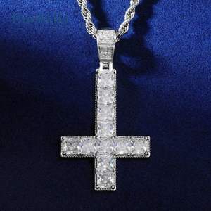 Moissanite Diamond Upside Down Cross Pendant 925 Silver & 18K White Gold Plated For Men - Product Image 1
