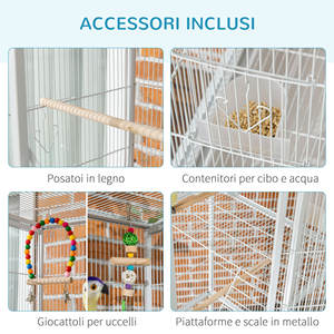 PawHut <b>Bird</b> <b>Cage</b> in Steel and PP with Perches, Toys, Food Containers and Tray, 83x53x180 cm, <b>White</b> - Product Image 5