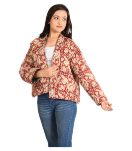 Abrigo corto reversible de otoño para mujer, chaqueta acolchada de algodón con estampado de bloques a mano y bolsillos en el escote, tela tejida con estampado Floral - Product Image 3