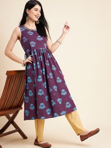 New Arrival Floral Printed Sleeveless Cotton Anarkali Kurta Knee-Length A-Line Elegant <b>Dresses</b> Summer Casual Clothes Women Sale - Product Image 5
