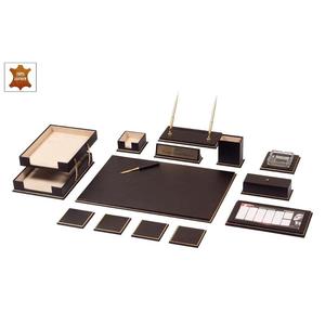 Juego de escritorio de cuero de vaca real con 15 accesorios de oficina modernos, incluye estuche para bolígrafos y blocs de notas hechos de organizador organizado de metal - Product Image 1