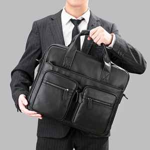 Vintage 16 Inch Genuine <b>Leather</b> <b>Briefcase</b> Large Cowhide Laptop Handbag Zipper Men's Women's Business Shoulder Messenger Bag - Product Image 3