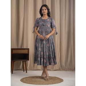 Vestido de Algodón Mulmul Gris con Estampado a Mano, Diseño Personalizado, Ropa Casual para Oficina, Día de Fiesta Gótica, Transpirable y Natural - Product Image 4