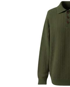 Suéter Polo de Punto Trenzado Vertical Personalizado para Hombre, Manga Larga, Cuello con Botones, Abrigo Cálido de Invierno en Verde - Product Image 2