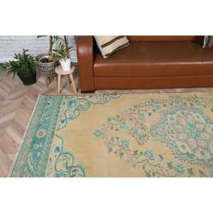 Alfombra Turca de 4x9.4 pies, Alfombra Vintage, Alfombra Ikat Azul y Amarilla - Product Image 3