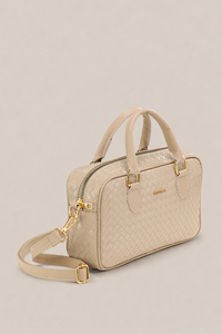 Sac Boston en cuir PU beige à motif tissé pour femme avec logo personnalisé, poignée supérieure, sac à bandoulière, fabricant OEM ODM sous marque privée - Product Image 5