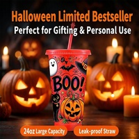 Gobelet de fête d'Halloween 24oz en plastique avec couvercle et paille, sans BPA, logo personnalisé, réutilisable, motif fantôme et citrouille, OEM