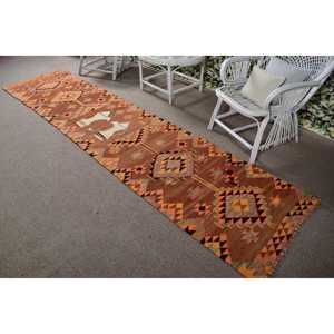 Alfombra Vintage de 2.6x11 pies, Alfombra Turca, Alfombra a Cuadros Marrón - Product Image 4