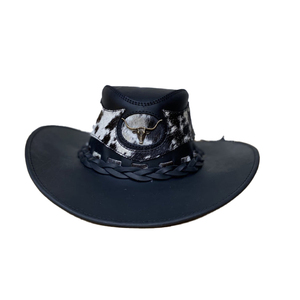 Western Cowboy <b>Hat</b> Black Wide Brim Cowhide Patch Bull Skull Emblem Braided <b>Band</b> Unisex Outdoor Casual Adult 58-60CM - Product Image 1