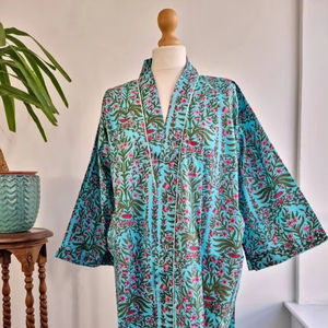 Beautiful Floral Cotton <b>Kimono</b> Hand Block Printed <b>Long</b> <b>Robe</b> Womens <b>Kimono</b> Dressing Gown Bathrobe Nightwear - Product Image 1