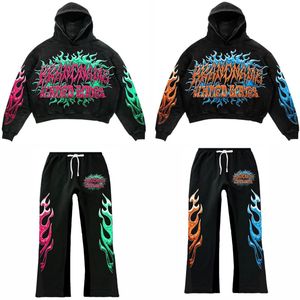 Distressed <b>Embroidery</b> Rhinestone Unisex Sweat Suits Streetwear Custom Flared Acid Wash Tracksuit Baggy Sweatpants and Hoodie <b>Set</b> - Product Image 1