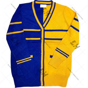 Bleu royal et jaune | Sigma | | Gamma | | Rho |   Cardigan pour femme à col en V, couleur personnalisée, 100% chenille, logo brodé sur le dos et sur le devant - Product Image 1