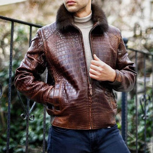 Croc เสื้อแจ็คเก็ตหนังจระเข้สำหรับผู้ชาย,เสื้อบอมเบอร์แจ็คเก็ตหนังวัวแท้ผิวนูนสีน้ำตาลคอเสื้อสังเคราะห์ - Product Image 4