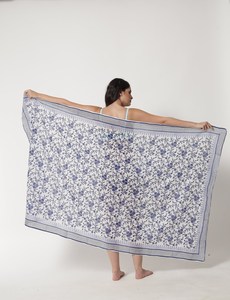 Blue Cotton Sarong Beach Wrap with Buckle/<b>Clip</b> Silk Screen Printed Pareo Dress Summer Swimwear Cover-Up for Women Long Scarf - Product Image 3