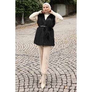 Chaleco Casual de Piel de Zorro Negro 19372 con Cinturón, Patrón a Rayas, Decoración de Botones Vintage, Prenda Exterior de Piel Auténtica con Estilo Patchwork - Product Image 3