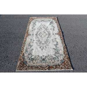 Alfombra de lana turca Vintage Floral marrón Beige clásica 3,7X6,8 pies hecho a mano Patchwork rectángulo diseño látex respaldo para cabecera - Product Image 1