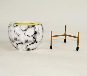 Designer <b>White</b> Marble Effect Metal Floor <b>Planter</b> For Indoor Plant Arrangement Contemporary Home Styling And Decorative Use - Product Image 1