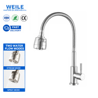 Robinet de cuisine en acier inoxydable brossé, tête pivotante à 360°, double mode, eau froide, montage sur plan, cartouche céramique