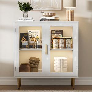 Buffet moderne blanc avec portes en <span class=keywords><strong>verre</strong></span> et éclairage LED, meuble de rangement minimaliste pour salle à manger - Product Image 2