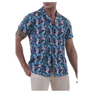 Camisa de verano de manga corta de corte relajado de satén de algodón con estampado hawaiano y Flamengo azul verde - Product Image 6