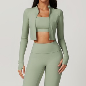 OEM Custom Women's Gym Fitness Active Wear Set Long Sleeves Seamless <b>Yoga</b> <b>Top</b> with Front Logo Solid Pattern - Product Image 5