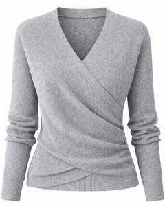 <b>Women</b> Grey Wrap Style Knit Sweater <b>Long</b> Sleeve V Neck Soft Casual Winter Top Elegant Ladies Pullover Fashion Daily Office Fit Up - Product Image 1