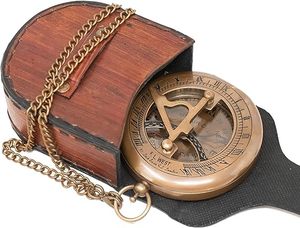 Vintage Steampunk Latón Reloj de sol Brújula Funda de cuero Cadena Regalo único para hombres Accesorio de campamento al aire libre con esfera de puntero - Product Image 2