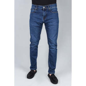 Jean bleu vintage pour homme avec logo personnalisé, taille haute, coupe droite mi-longue, délavé, imprimé coloré, idéal pour l'hiver - Product Image 1