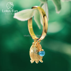 لوتس المرح الحقيقي الفضة الاسترلينية الطبيعية الأحجار الكريمة اللابسي الإبداعية خمر المجوهرات الراقية الطازجة جرس أحمر برعم حلقات زهرة للنساء - Product Image 2